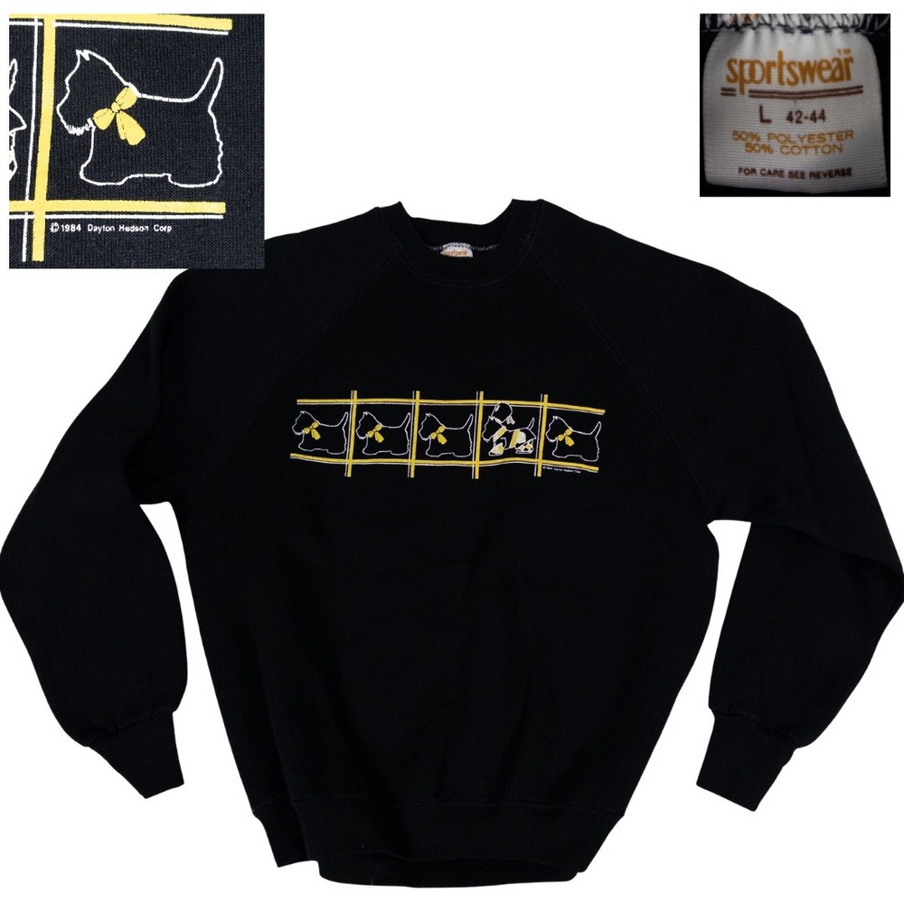 Vintage 80s Dog Sweatshirt Womens L Black‎ Scottie Preppy Grandma Cottagecore